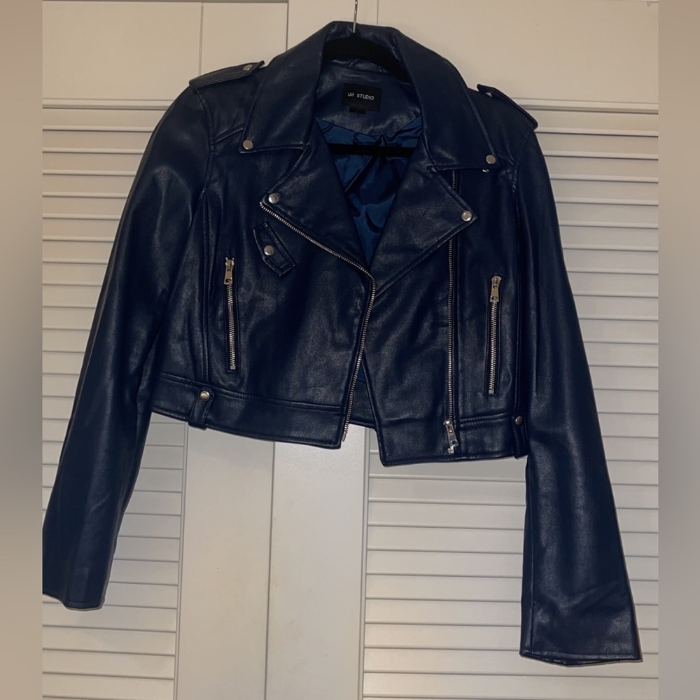 Navy blue faux leather motorcycle jacket